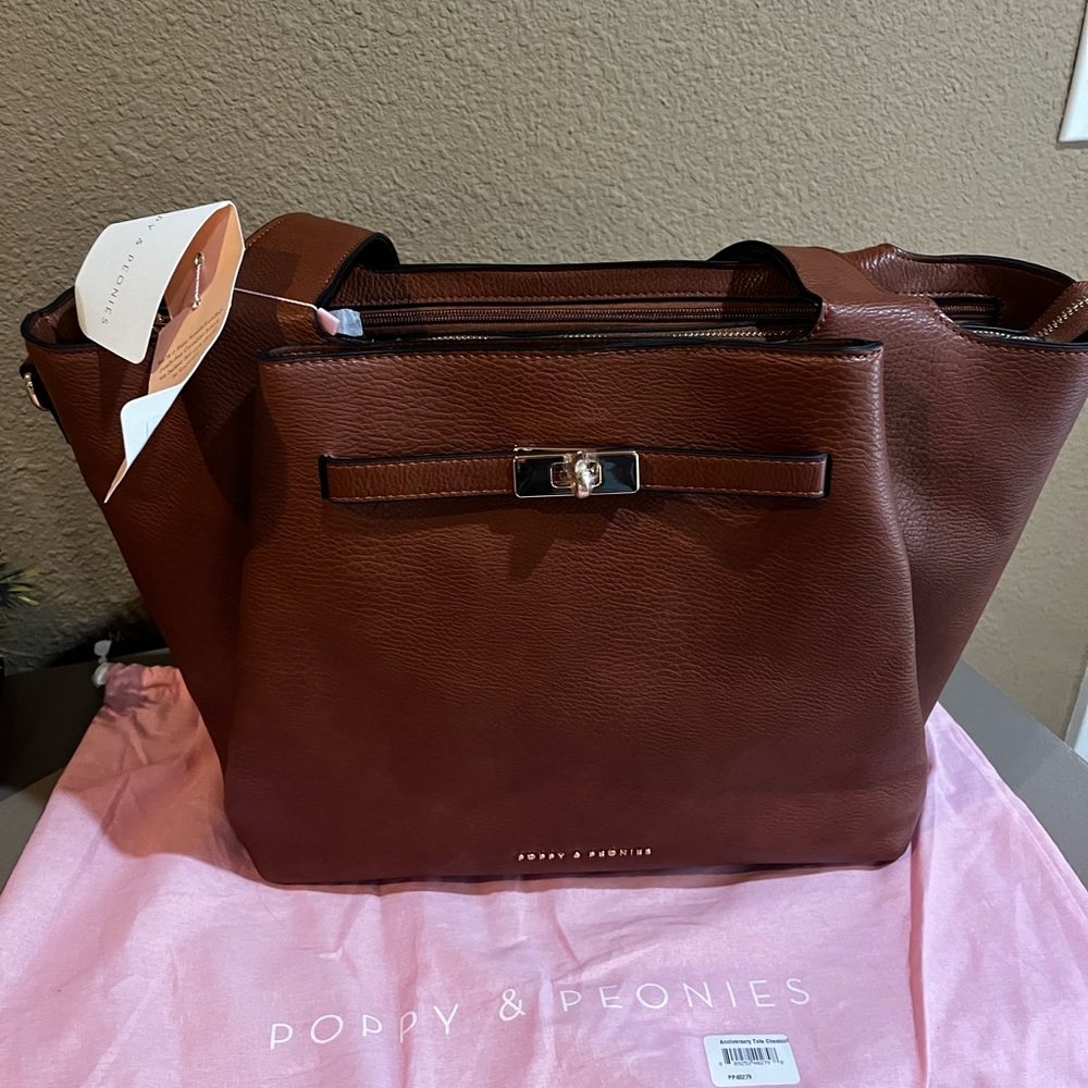 NWT Poppy & Peonies 10th anniversary Poppy tote and cosmetic trio chesnut brown - Picture 2 of 5